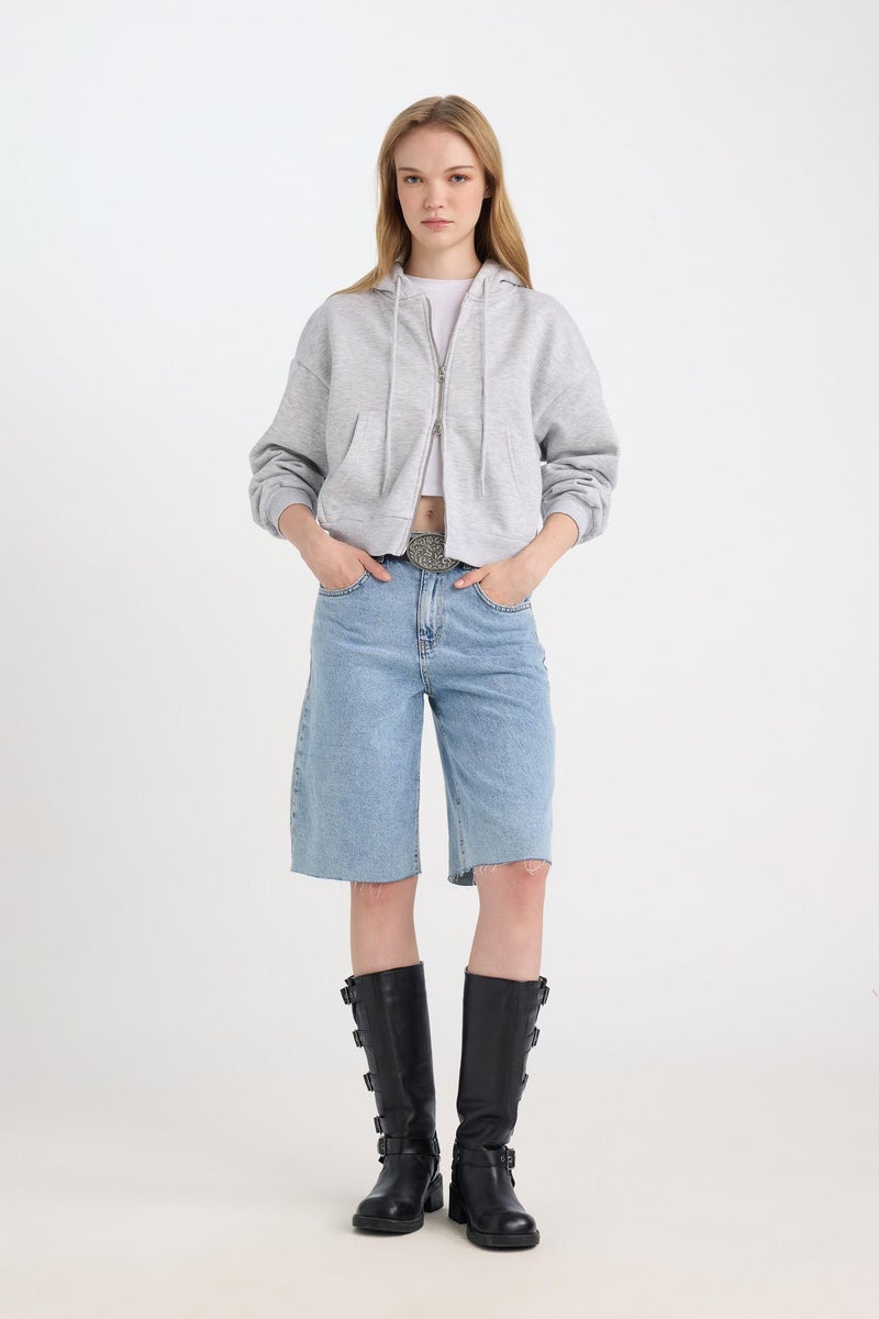 DeFacto Grey Woman Standard Fit Basic Zip-Up Hoodie Casual - Image 5